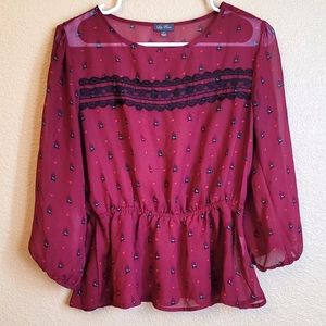 Wine Red 3/4 Sleeve Sheer Shirt